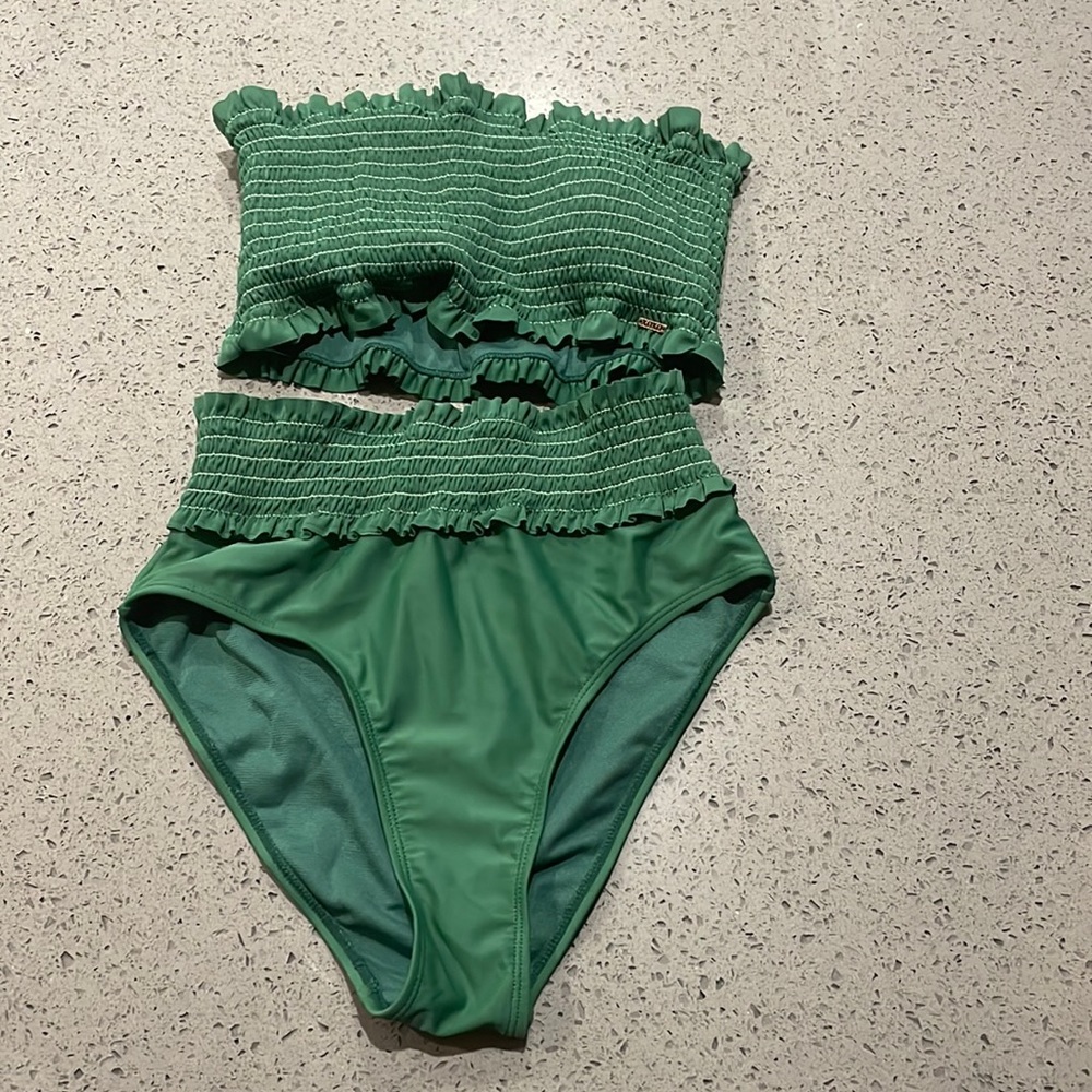 Green two piece strapless womens swim suit
